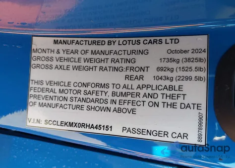 2024 Lotus Emira First Edition z USA, uszkodzony, nr VIN SCCLEKMX0RHA45151